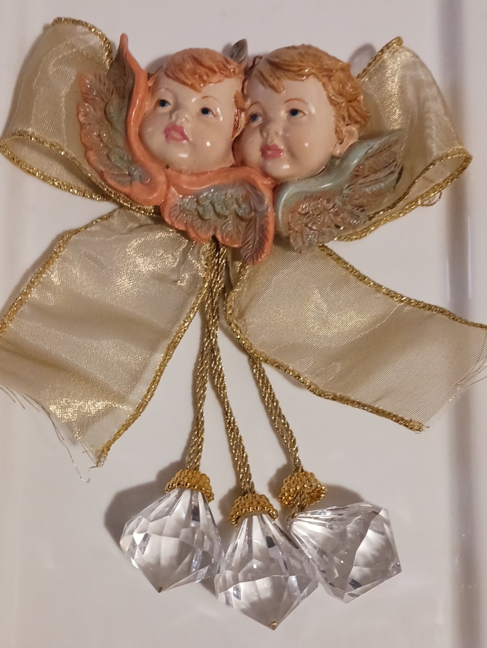 Vintage! Gold Ribbon Angel 😇 Cherub Ornament with Crystal Drops